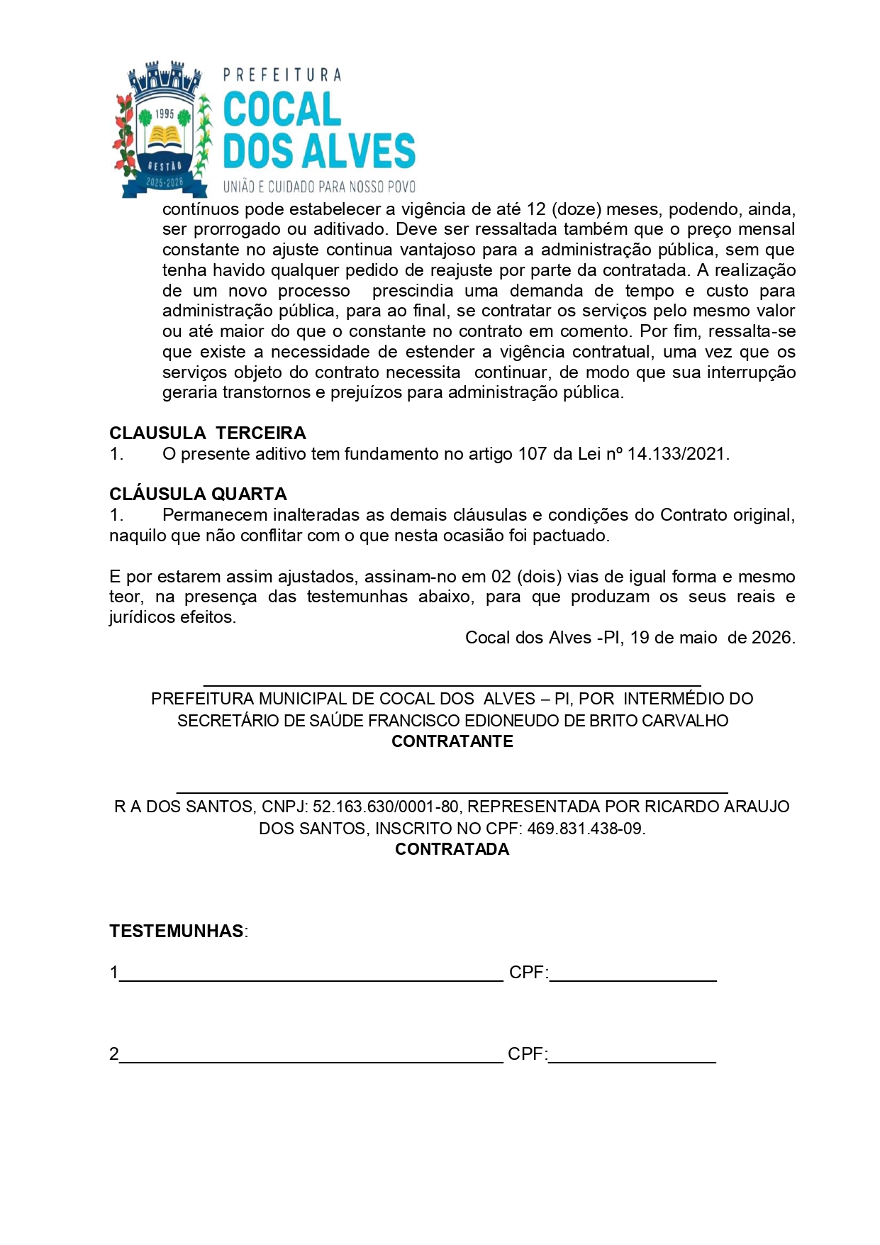 TERMO DE ADITIVO DE PRAZO Nº 001/2026 AO CONTRATO DE PRESTAÇÃO DE SERVIÇO Nº 010/2026